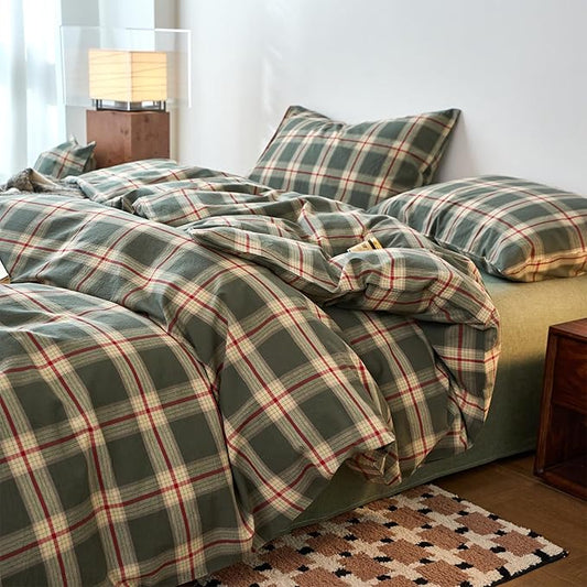EAVD Vintage Style Green Plaid Duvet Cover Full Soft 100% Washed Cotton Red Green Grid Checkered Bedding Set with 2 Pillowcases Retro Farmhouse Geometric Grid Duvet Cover with Zipper Closure