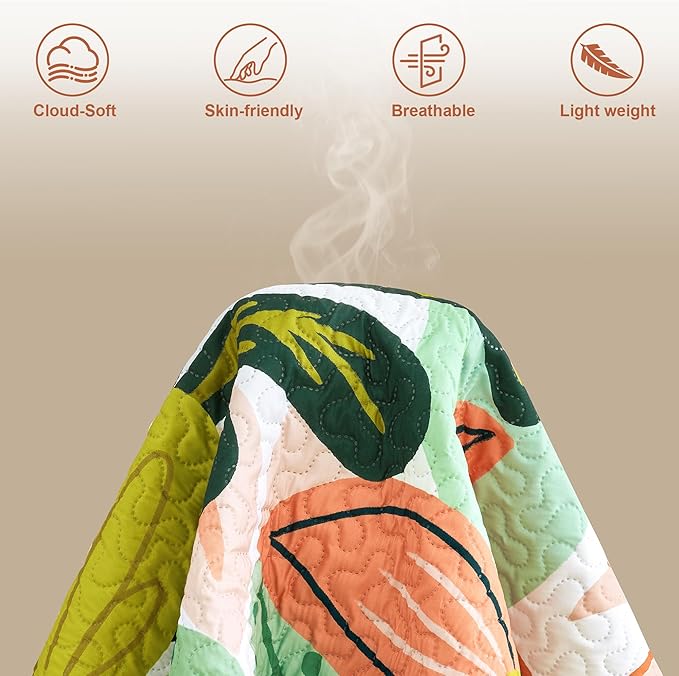 3 Piece Boho Floral Full/Queen Quilt Sets Farmhouse Reversible Lightweight Bedspread Coverlet with 2 Shams Mid Century Botanical Leaves Microfiber Bedding Quilts Set for All Season, 90''x96''