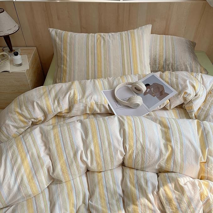LifeTB 100% Washed Cotton Striped Duvet Cover Set King, 3 Pieces Colorful Yellow Stripes Pattern Printed Comforter Cover, Retro Striped Bedding Set Soft Breathable Duvet Cover with Zipper Closure