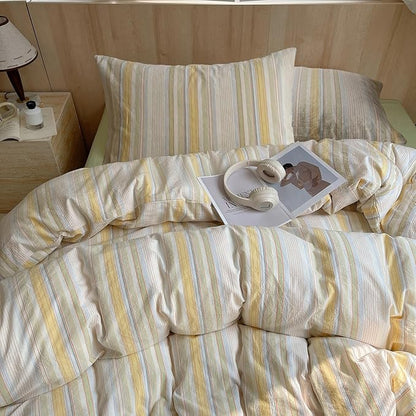 Yellow Striped Duvet Cover Twin XL, 100% Washed Cotton Multicolor Stripes Pattern Printed Comforter Cover, 3 Pieces Breathable Duvet Cover with 2 Pillowcases, Soft Farmhouse Striped Bedding Set