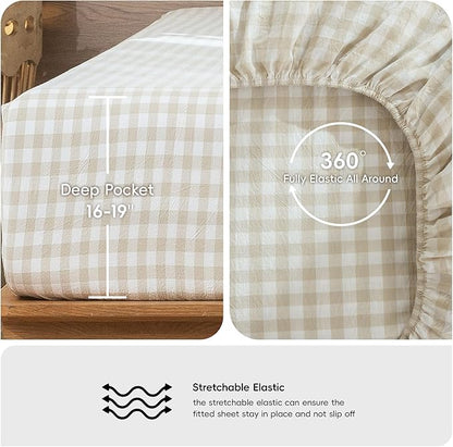 MooMee Gingham Sheet Set 100% Washed Cotton Linen Like Textured Breathable Soft w/Fully Elasticized 16-19" Deep Pocket (Classic Gingham Almond Milk Grey, King)