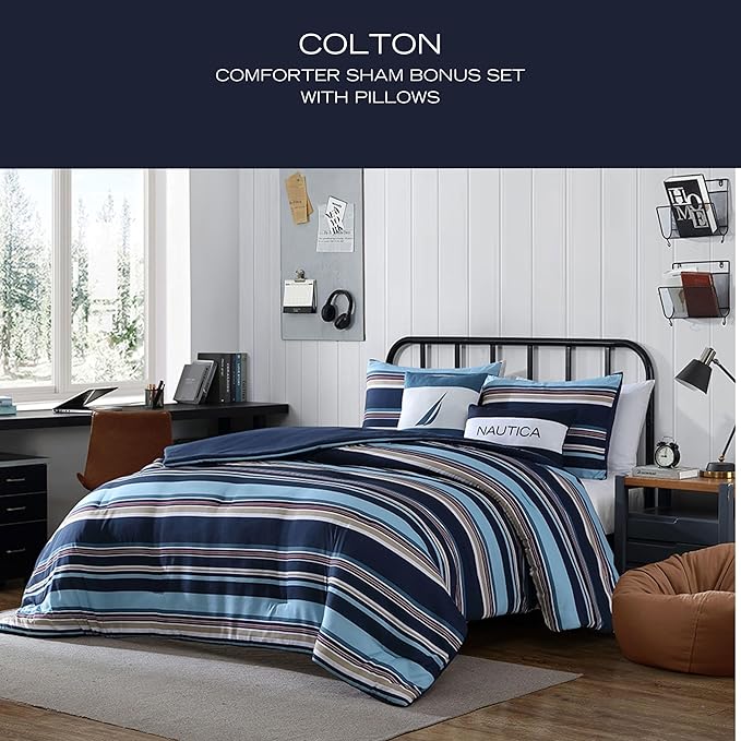 Nautica - Queen Comforter Set, Soft Woven Bedding with a Lightweight for Year Round Comfort, 5 Piece Bed Set with Matching Pillowcases & Bonus Throw Pillows (Colton Blue)