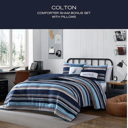 Nautica - King Comforter Set, Ultra Soft Bedding with a Woven Textured Feel, Medium Weight for Year Round Comfort, 5 Piece Bed Set with Matching Pillowcases & Bonus Throw Pillows (Colton Blue)