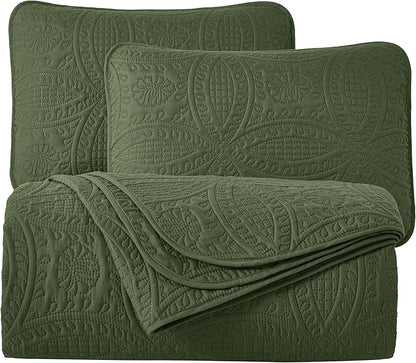Chezmoi Collection Austin Queen Oversized Bedspread Set, 3-Piece Pinsonic Quilted Lightweight Microfiber Bedspread Coverlet, Olive Green | Oversized, Lightweight, Fade Resistant