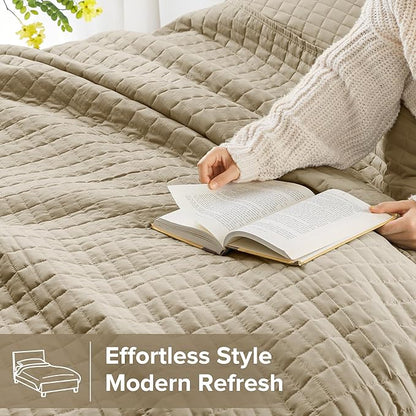 Comfort Spaces Queen Quilt Set Modern Reversible Plaid Coverlet Queen Bedding Set Cozy Quilted Winter Layer, All Season Lightweight Soft Queen Size Quilt, Kienna, Full/Queen Beige 3 Piece