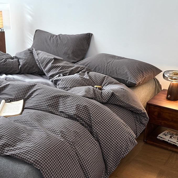 EAVD Vintage Style Dark Grey Plaid Duvet Cover Queen 100% Washed Cotton Like Linen Feel Soft Red Grid Gingham Bedding Set with 2 Pillowcases Reversible Retro Dark Grey Gingham Duvet Cover with Zipper