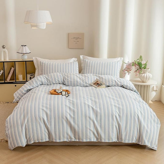 ECOCOTT Striped Duvet Cover King Size -100% Washed Cotton Linen Like Textured Breathable Durable Soft Comfy Bedding Set with Zipper Closure & Corner Ties