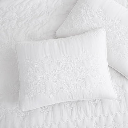 B2EVER Boho White Quilt Queen Size Bedding Sets with Pillow Sham, Bohemian Lightweight Soft Bedspread Coverlet, Farmhouse Floral Vintage Thin Comforter Bed Cover for All Season, 3 Pieces, 90x90 inches