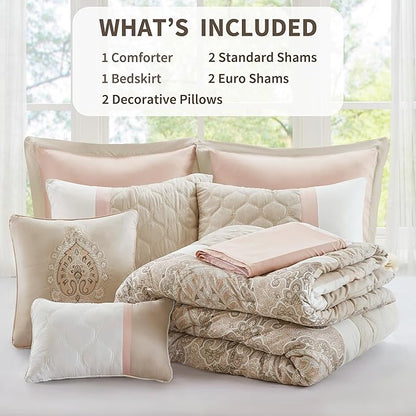 510 DESIGN Luxe Quilted Comforter Set Modern Transitional Design, All Season Down Alternative Warm Bedding Matching Shams, Bedskirt, Decorative Pillow, King, Shawnee Scrollwork Blush
