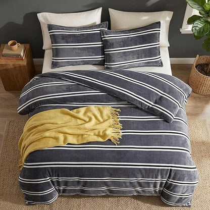 Bedbay Grey Striped Bedding Comforter Set Queen Size Luxury Velvet Fleece Comforter Set 3 Pcs Fluffy Plush Flannel Bedding Set Cozy Reversible Fleece Soft Warm Shaggy Faux Fur Bed Set All Season