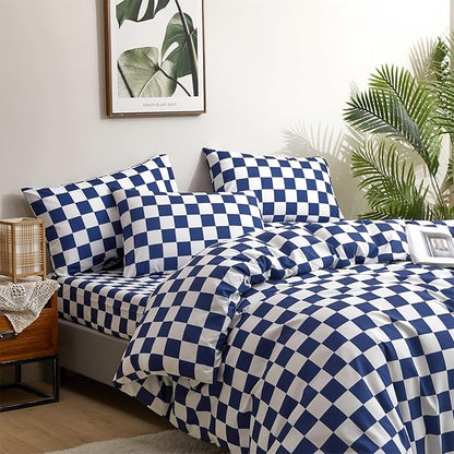 CLOTHKNOW Blue White Plaid Comforter Set Twin/Twin XL Grid Bedding Comforter Sets Royal Blue White Bed Comforter Blue Bedding Sets Soft