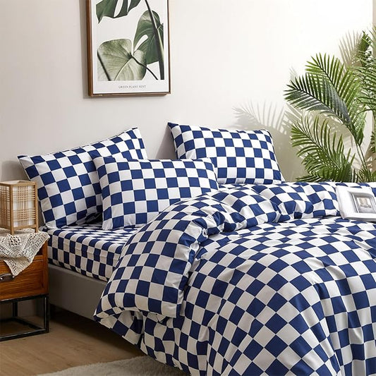 CLOTHKNOW Blue White Plaid Comforter Set Twin/Twin XL Grid Bedding Comforter Sets Royal Blue White Bed Comforter Blue Bedding Sets Soft