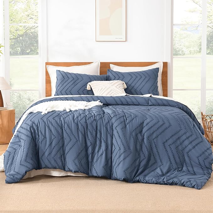 Litanika Ocean Blue California King Size Comforter Set, 3 Pieces Chevron Tufted Bedding Set & Collections, All Season Bed Set (104x96In Comforter and 2 Pillow Shams)
