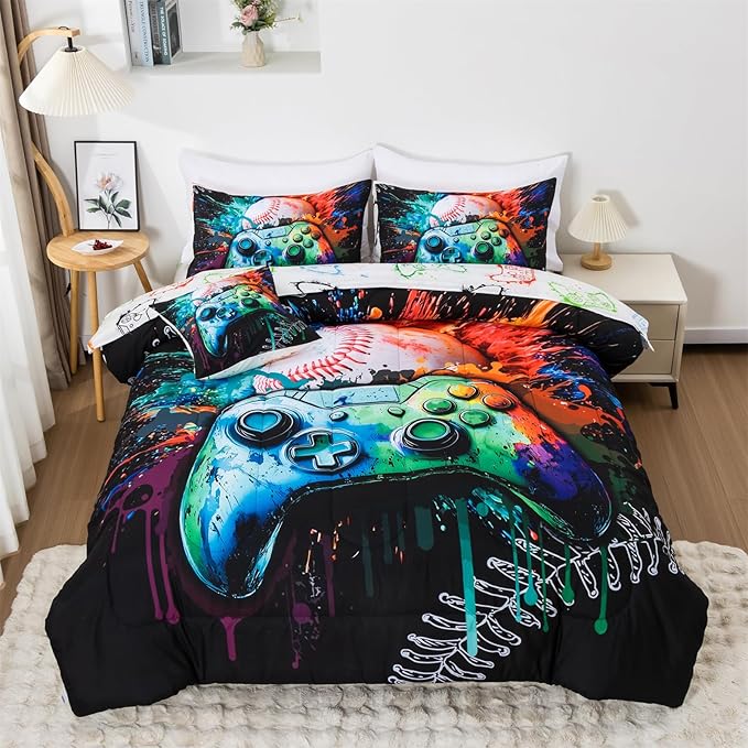 Aimuan Gamer Gaming Bedding Sets 3D Gamepad Comforter Sets for Boys Games Console Action Buttons Novelty Colorful Game Controller Modern Room Decor Home Quilt Set (Green, Twin 6Pcs)