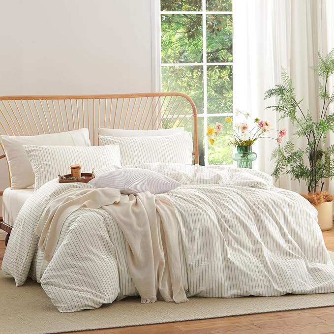 Nayoroom Striped Duvet Cover King Size 100% Washed Cotton White Brown Stripe Duvet Cover 3 Pieces Soft Breathable Girls Dorm Bedding Set for All Seasons, Yarn Dyed Process