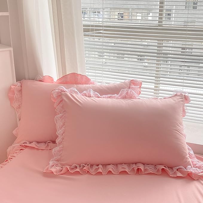 MOOWOO Chic Ruffle Lace Polyester Duvet Cover Set -Girl Pink Bedding-2 Piece Twin Duvet Cover with Zipper Closure -Ultra Soft and Light Weight (Pink, Twin)-NO Including Comforter