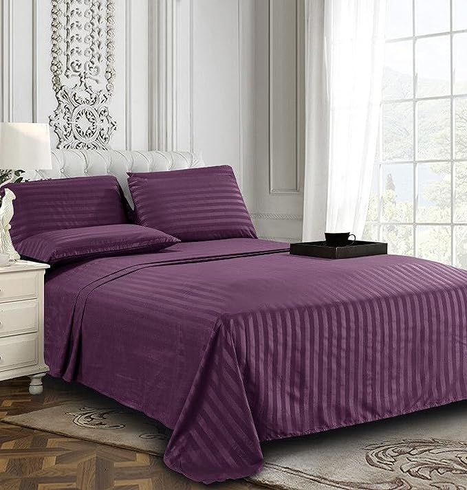 Elegant Comfort Softest and Coziest 4-Piece Sheet Set - 1500 Premium Hotel Quality Microfiber - Luxurious Wrinkle Resistant 4-Piece Damask Stripe Bed Sheet Set, Twin, Eggplant/Purple