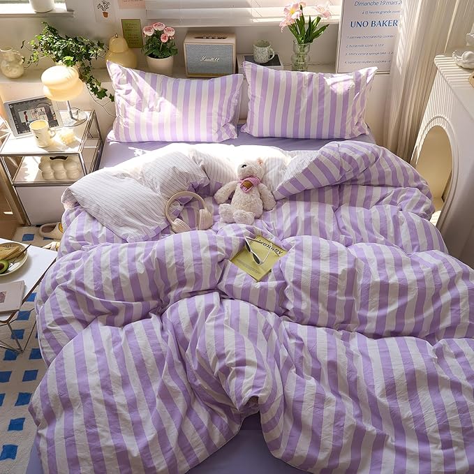 EAVD Farmhouse Purple Striped Duvet Cover Twin XL Soft Washed Microfiber Pink White Vertical Striped Bedding Set with 2 Pillowcases Modern Geometric Pattern Duvet Cover with Zipper Closure