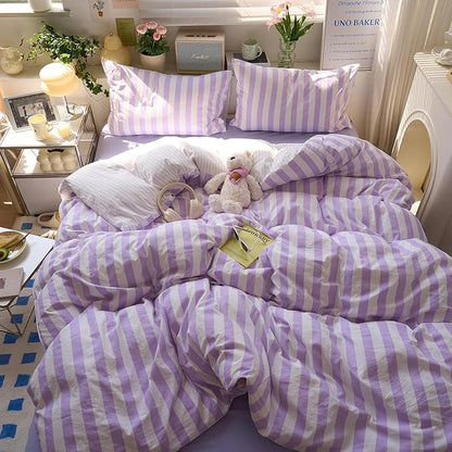 EAVD Farmhouse Purple Striped Duvet Cover Twin XL Soft Washed Microfiber Pink White Vertical Striped Bedding Set with 2 Pillowcases Modern Geometric Pattern Duvet Cover with Zipper Closure