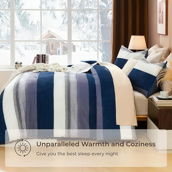 Litanika Fluffy Fleece Queen Comforter Set, Luxury Soft Plush Fuzzy Mineral Blue Stripe Bedding Comforter Sets, Warm Shaggy Faux Fur Bed Set All Season (1 Comforter, 2 Pillowcases)