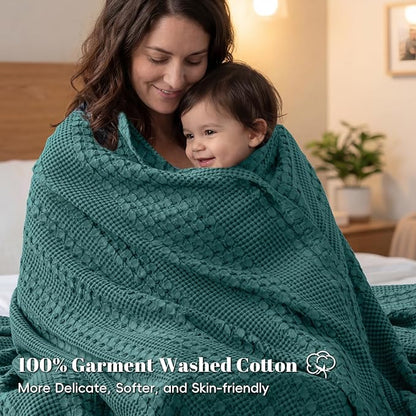 PHF 100% Cotton Waffle Weave Blanket Queen Size for Bed, Soft Lightweight & Breathable for Spring and Summer, All-Season Comfort, Luxury Aesthetic Blanket for Home Decor, 90"x90", Teal