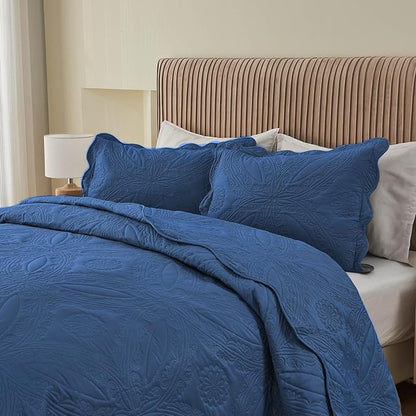 Kingnex Oversized King Bedspreads 128x120 for Extra Wide Tall King or Cal King Bed Ultrasonic Quilted Coverlet Set 3 Piece Include 1 Quilt 2 Pillowcases Navy