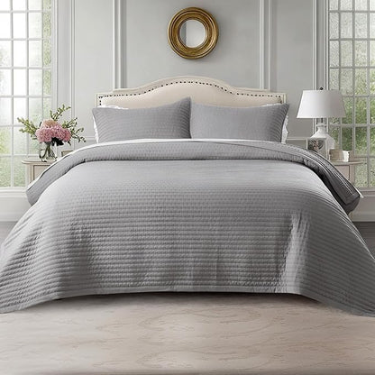 Kasentex Quilt Mini Set - Stone Washed - Super Soft Bedspread - Light Weight - White Down Alternative Microfiber Fill - Machine Washable - Solid Colors, Full/Queen + 2 Shams, Grey