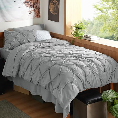 Bedsure Twin XL Comforter Set - Extra Long 5 Pieces Dorm Bedding Sets, GentleSoft™ Pinch Pleat Grey Bed in a Bag with Pintuck Comforter, Sheets, Pillowcase & Sham