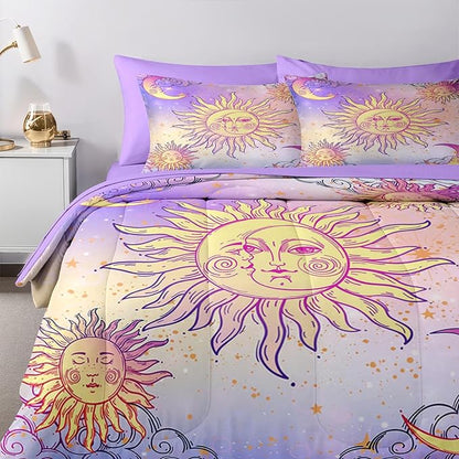 Nesker Comforter Set Queen Size, Celestial Motifs Astrology 7 Pcs Bedding for Kids and Adults, Boho Sun Moon Bed Sheet Sets with Fitted Sheet 2 Pillowcases & 2 Shams