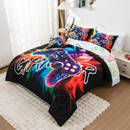 Aimuan Gamer Gaming Bedding Sets 3D Gamepad Comforter Sets for Boys Games Console Action Buttons Novelty Colorful Game Controller Modern Room Decor Home Quilt Set (Black-Purple, Queen 6Pcs)