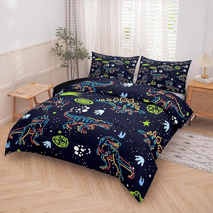 NINENINE Dark Blue Dinosaur Bedding Sets for Kids Boys,Retro Dinosaur Bedding Comforter,Full Size Bedding Sets for Boys Kids, with 1 Comforter 2 Pillowcases