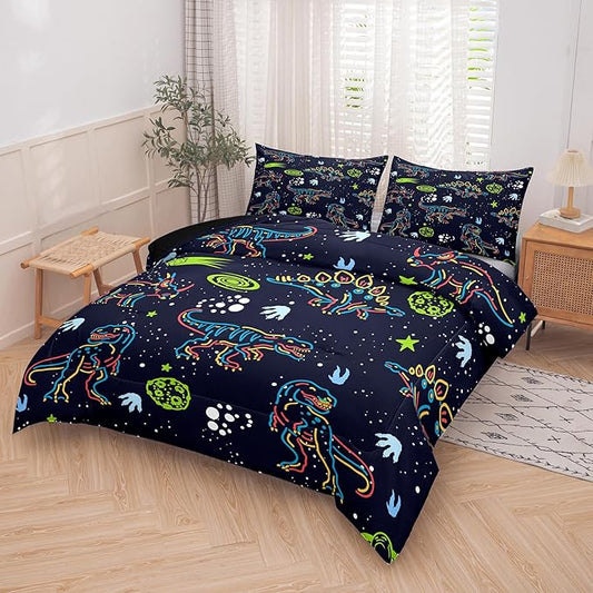 NINENINE Dark Blue Dinosaur Bedding Sets for Kids Boys,Retro Dinosaur Bedding Comforter,Full Size Bedding Sets for Boys Kids, with 1 Comforter 2 Pillowcases