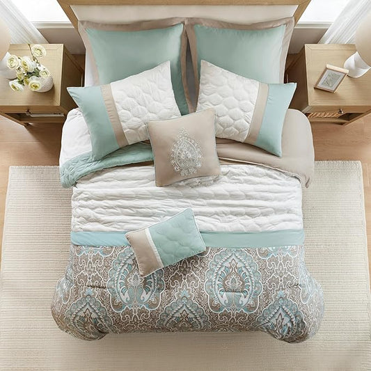 510 DESIGN Luxe Quilted Comforter Set Modern Transitional Design, All Season Down Alternative Warm Bedding Matching Shams, Bedskirt, Decorative Pillow, Cal King, Shawnee Scrollwork Seafoam