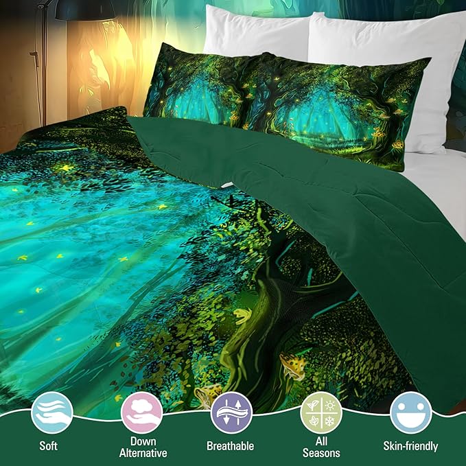 SOULZZZ Forest Comforter Set King Size Premium Microfiber Green Forest Mushroom Butterfly Flower Pattern Comforter 3 Piece Aesthetic Green Bedding Set with 2 Pillow Shams
