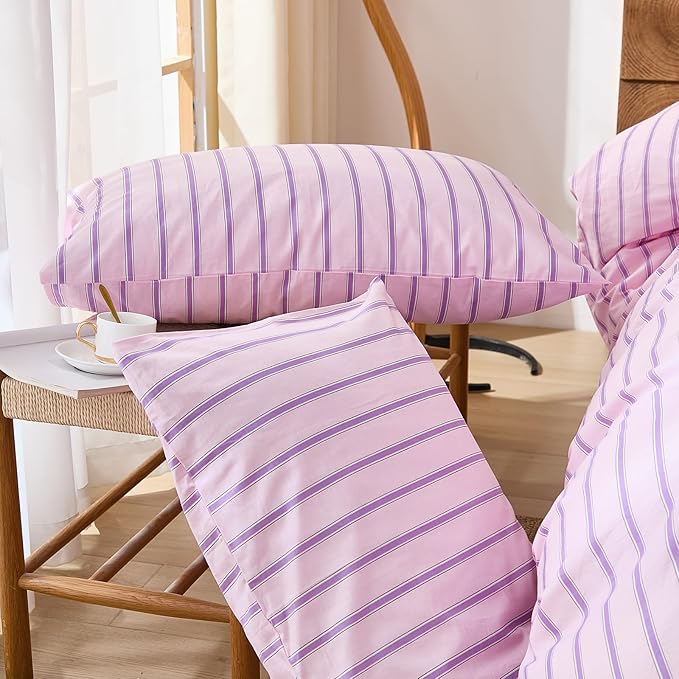 Merryword 100% Cotton Duvet Cover Set Queen Size - Pink & Purple Striped Bedding Set with Zipper & Corner Ties, 3-Piece Luxury & Silky Soft Bedding Set for All Seasons