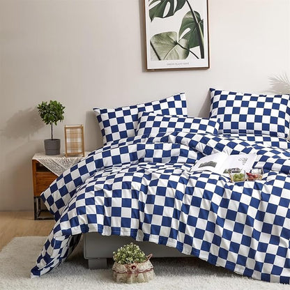 Houseri Royal Blue & White Buffalo Plaid Bedding Set - Queen Size Comforter with Dark Sea Blue Quilt & Grid Pattern