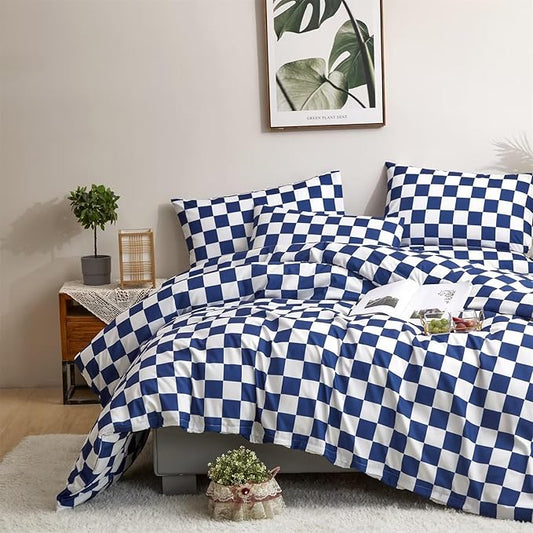 Houseri Royal Plaid Comforter Set Full Size Teen Boys Girls Dorm Bedding Quilt Comfy Deep Sea Blue Grid Comforter