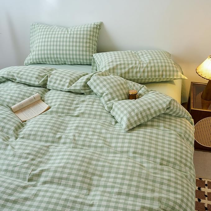 EAVD Vintage Style Green&White Plaid Gingham Duvet Cover Full Soft 100% Washed Cotton Fresh Grid Checkered Gingham Bedding Set with 2 Pillowcases Farmhouse Green Plaid Duvet Cover with Zipper Closure