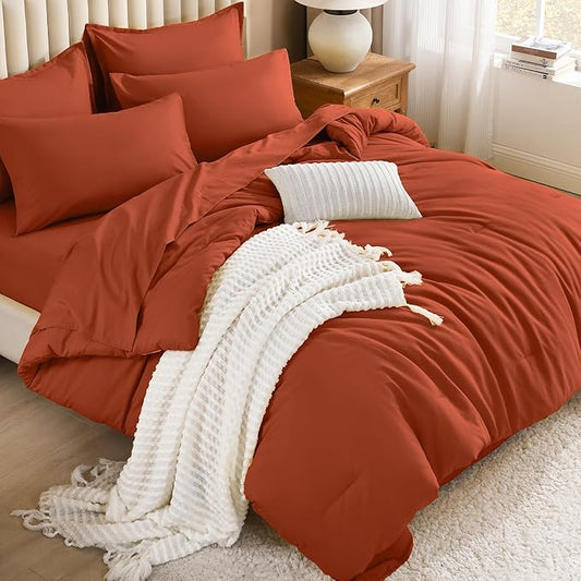 Litanika Burnt Orange Comforter King Size Set - 7 Pieces Terracotta Bed in a Bag King Bedding Comforter Sets, Plain Lightweight Bed Set with Comforter, Sheets, Pillowcases & Shams