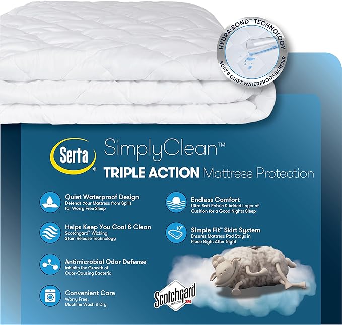 Serta Simply Clean Triple Action Mattress Pad, Waterproof Mattress Pad, Ultra Soft and Stain-Resistant Mattress Pad, Machine Washable, Twin, White