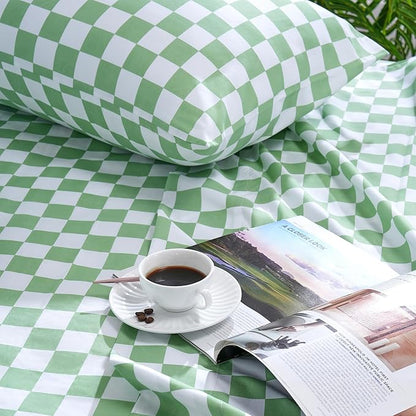 Best Season Bed Sheet Set 4 Piece -Full Size-Soft Durable Microfiber Bedding Sheet Set,Deep Pocket,Stain,Fade & Wrinkle Resistant Green and White Checkerboard Grid(Plaid Green&White)