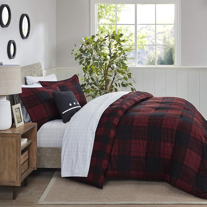 Madison Park Essentials Cozy Bed in A Bag - Reversible Comforter with Complete Sheet Set, Casual Plaid Cabin Design, All Season Cover, Decorative Pillow, Everest Plaid Red Twin(68"x86") 6 Piece