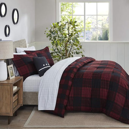Madison Park Essentials Cozy Bed in A Bag - Reversible Comforter with Complete Sheet Set, Casual Plaid Cabin Design, All Season Cover, Decorative Pillow, Everest Plaid Red Twin(68"x86") 6 Piece