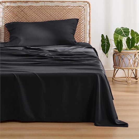 Bedsure Cooling Sheets Twin, Rayon Derived from Bamboo, PureWoven, Breathable & Soft Twin Sheets Set, Deep Pocket Up to 16 Inches, Hotel Luxury Silky Bedding for Hot Sleepers, Black
