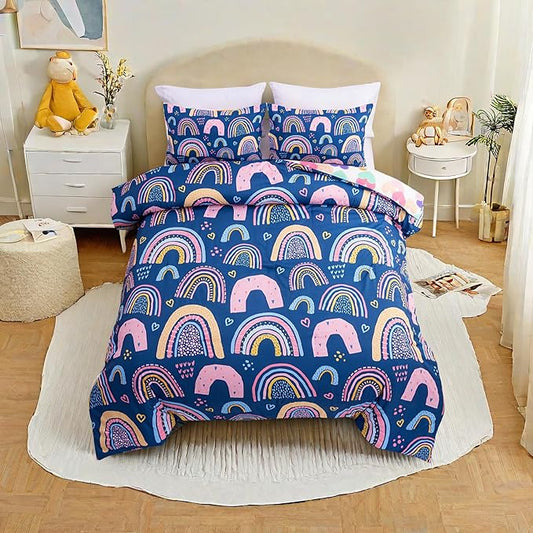 Btargot Lightweight Soft 3 Piece Rainbow Comforter Set with 2 Pillow Covers, Cartoon Love Hearts Suns and Stars Bedding Set for Girls Boys Kids, Twin Dark Blue