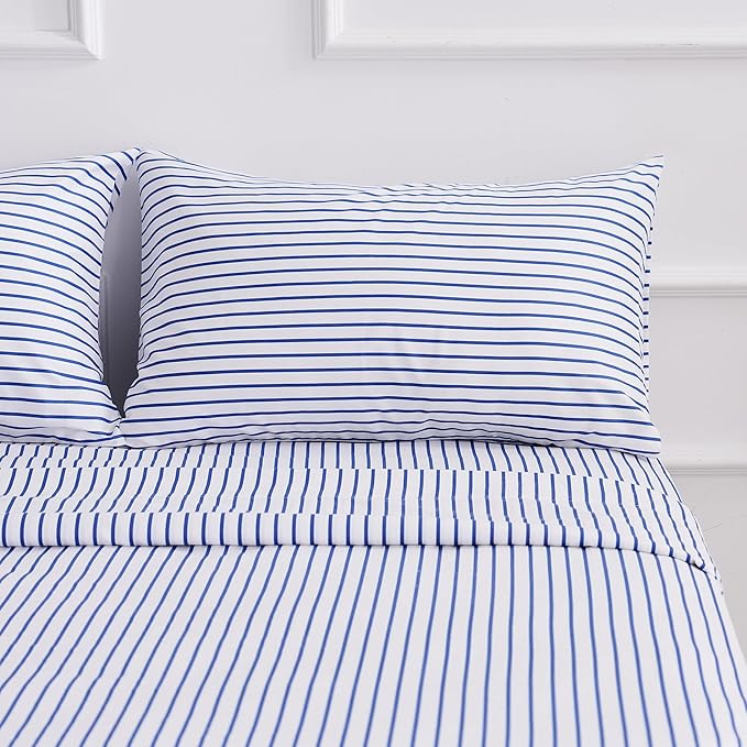 Twin Blue Striped Bed Sheet Set 3 Piece with 16-Inch Deep Pockets- Super Soft & Wrinkle Free Stripe Bed Sheets - Hotel Luxury Blue White Striped Pinstripe Bedding for All Season