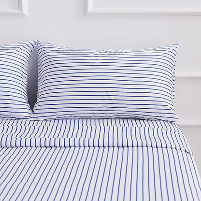 Queen Blue Striped Bed Sheet Set 4 Piece with 16-Inch Deep Pockets- Super Soft & Wrinkle Free Stripe Bed Sheets - Hotel Luxury Blue White Striped Pinstripe Bedding for All Season