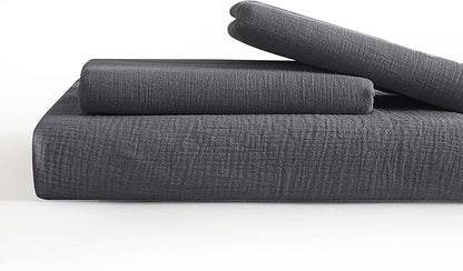 SE SOFTEXLY Muslin Duvet Cover King Size, 100% Washed Cotton Duvet Cover Set, Ultra Soft Comforter Cover Linen Like, 3 Pieces Minimalist Gauze Duvet Cover with 2 Pillowcases, 90"x104", Dark Grey