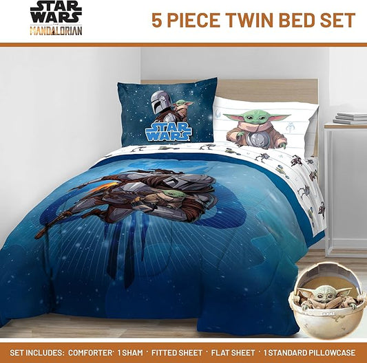 Jay Franco Kids Comforter Set Includes Sheets and Pillow Covers - Soft and Cozy Bed Set for Stylish Room Decor, Official Licensed Bedding, Blue - The Mandalorian, 5 Piece Twin