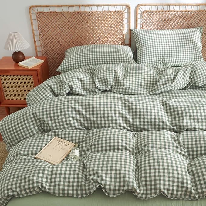 Nayoroom Gingham Duvet Cover Queen Size 100% Washed Cotton Green Plaid Checkered Comforter Cover 3 Pcs Soft Breathable Grid Farmhouse Dorm Bedding Set for All Seasons